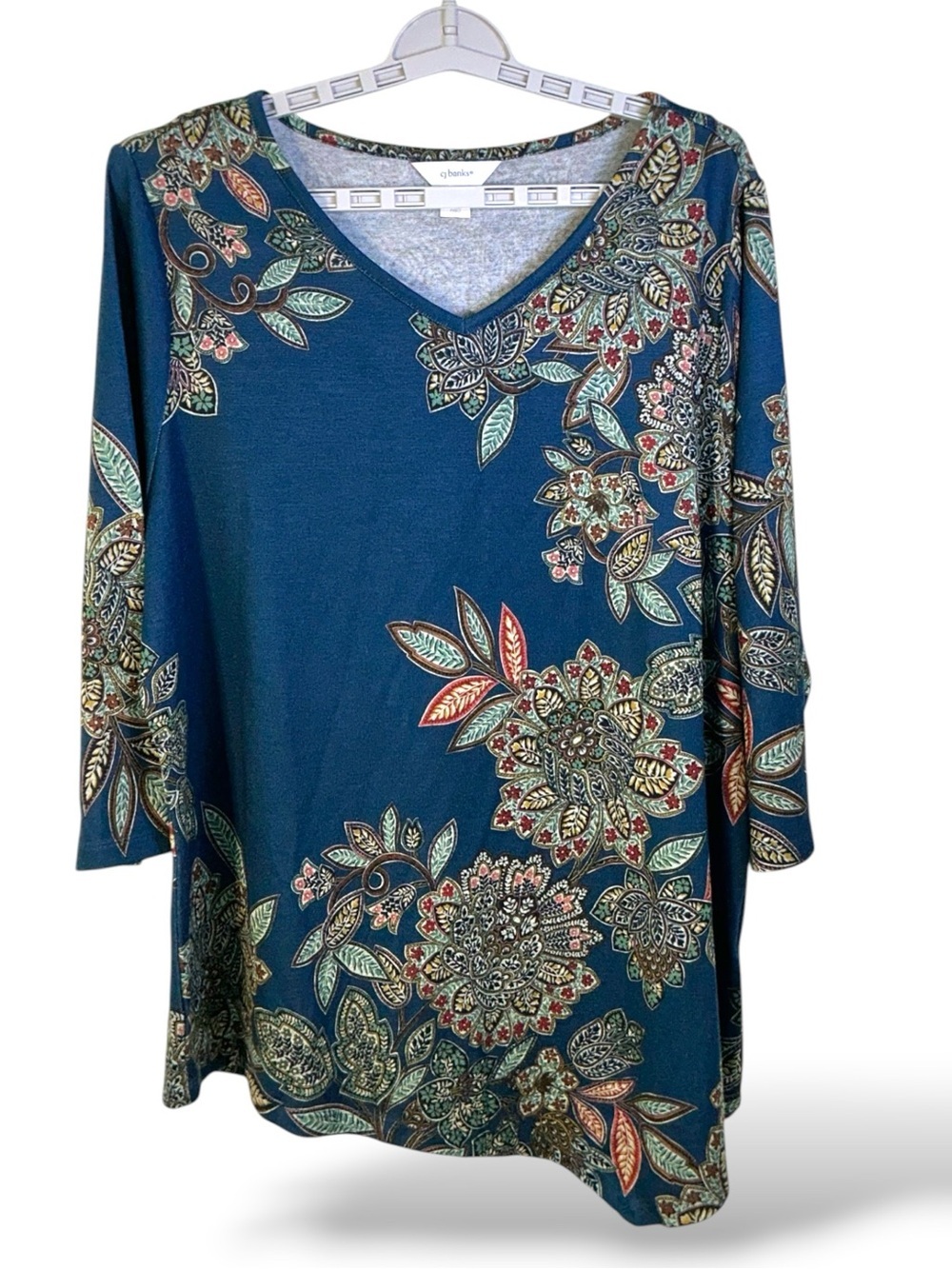 Banks Artistic Top Asymmetrical Tunic Boho V Neck 3/4 Sleeve Blue Women Plus 1X